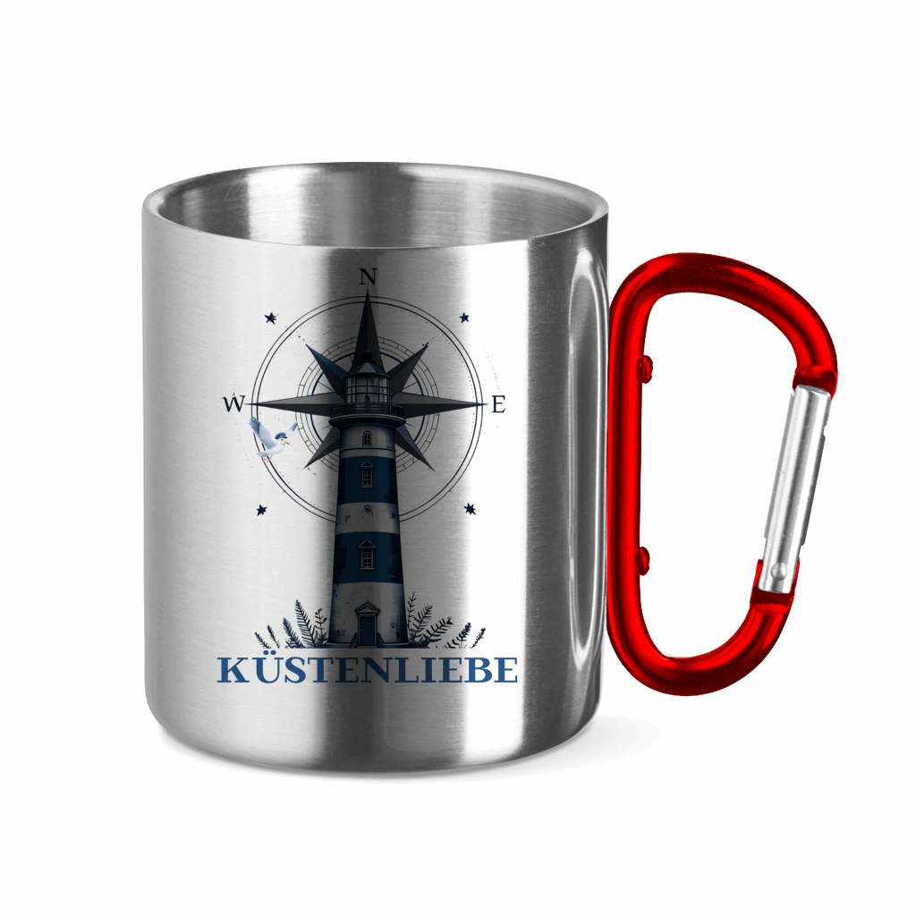 Edelstahltasse mit Karabinergriff Küstenliebe mit Leuchtturm und Kompass