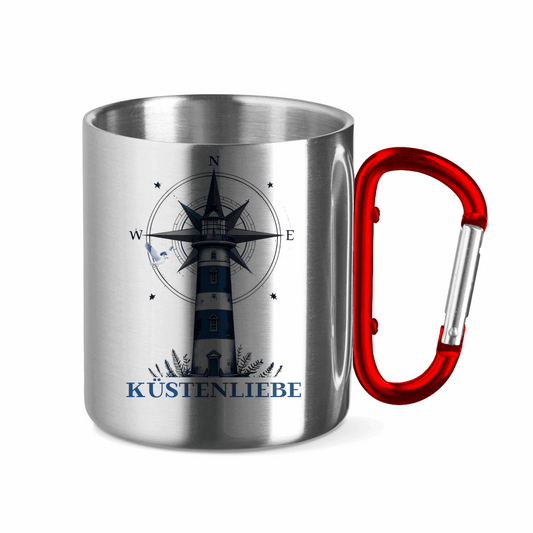 Edelstahltasse mit Karabinergriff Küstenliebe mit Leuchtturm und Kompass