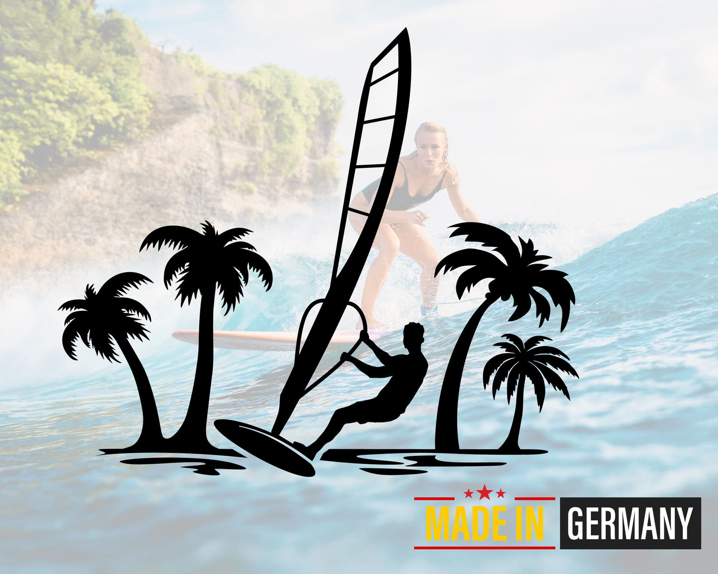 Vinyl Aufkleber mit Windsurfer & Palmen – perfekter tropischer Surf Sticker für Auto, Fenster & Surfbrett