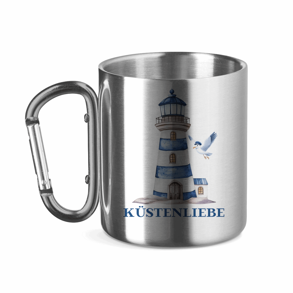 Edelstahltasse mit Karabinergriff Küstenliebe mit Leuchtturm