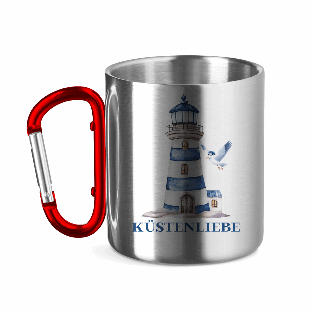 Edelstahltasse mit Karabinergriff Küstenliebe mit Leuchtturm