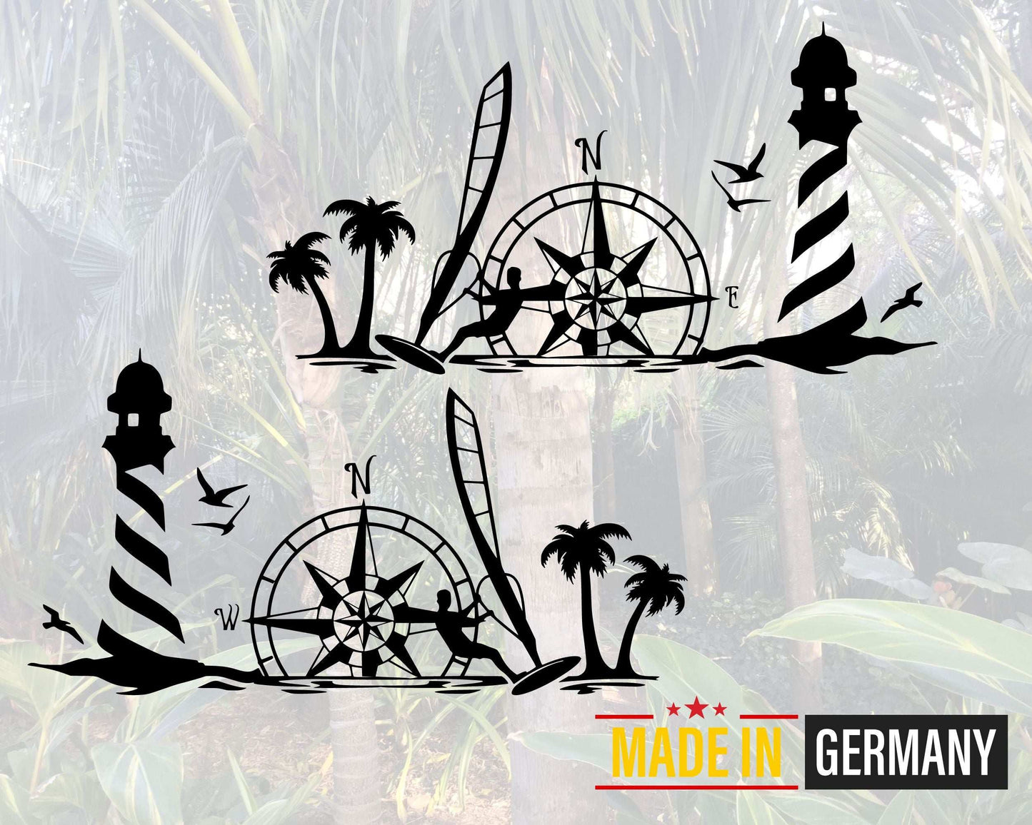 Maritimes Vinyl Aufkleber Set – Leuchtturm, Kompass & Windsurfer