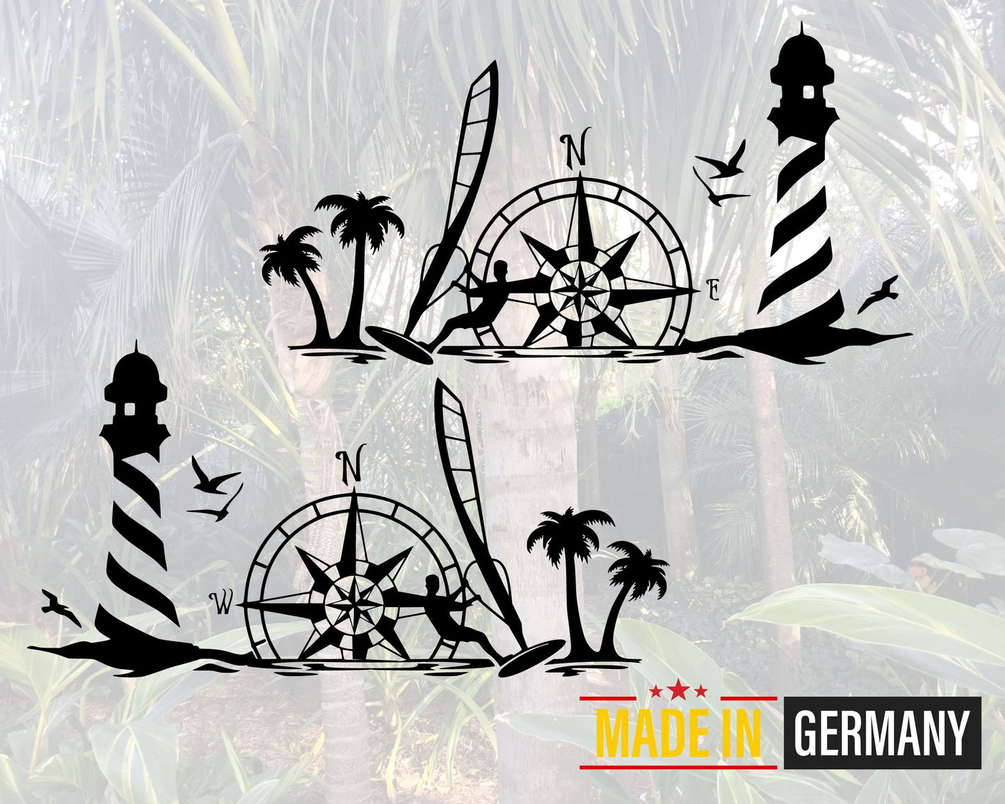 Maritimes Vinyl Aufkleber Set – Leuchtturm, Kompass & Windsurfer