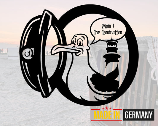 Mouette dans le hublot – Autocollant vinyle maritime « Bonjour, terriens !