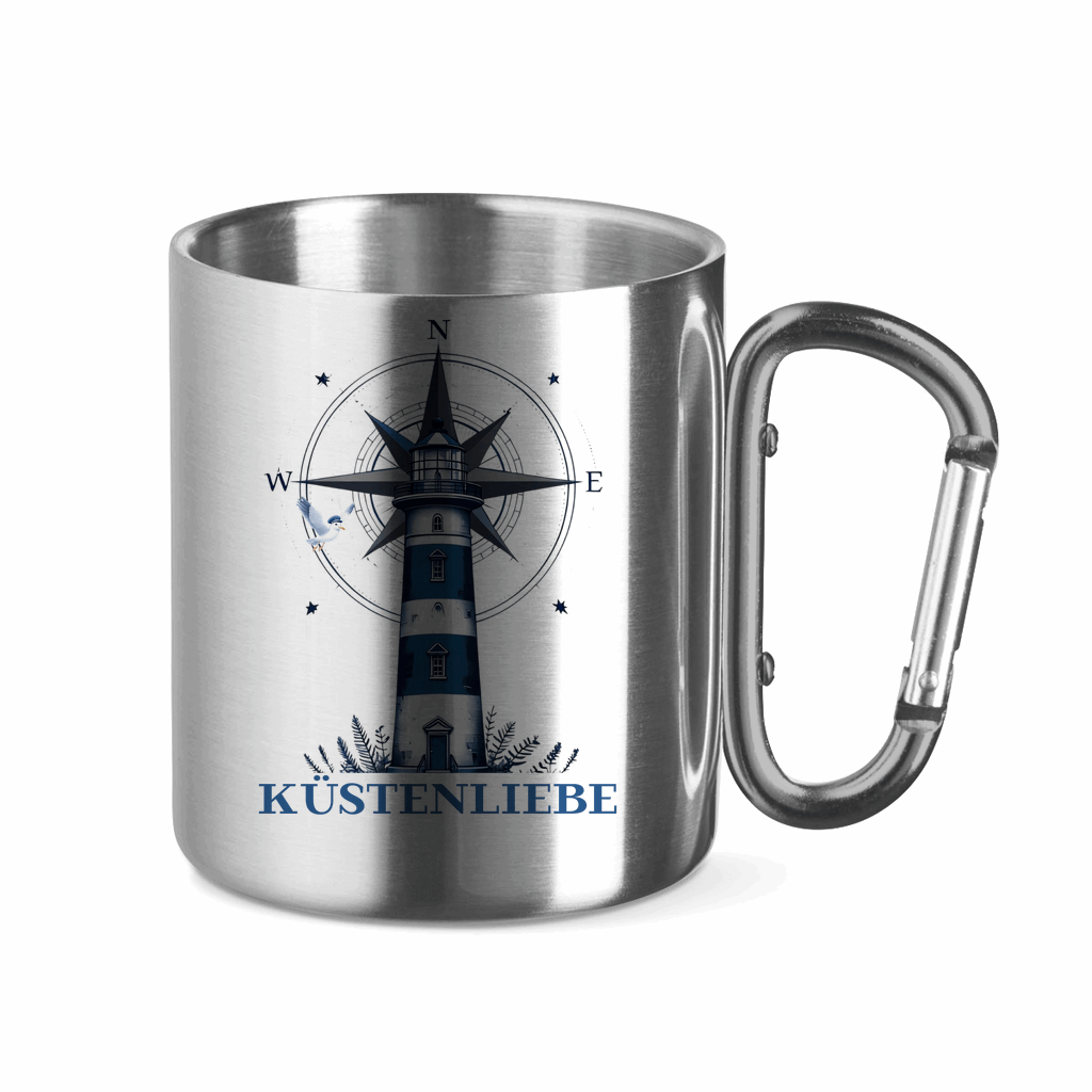 Edelstahltasse mit Karabinergriff Küstenliebe mit Leuchtturm und Kompass