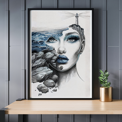 Maritimes Poster – Wellen, Felsen & Leuchtturm