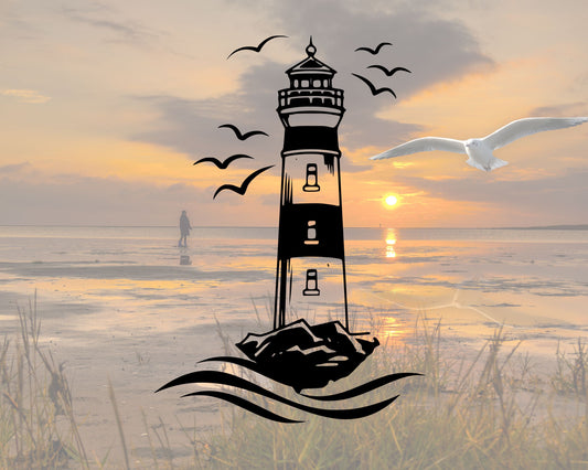Autocollant en vinyle motif phare maritime avec mouettes et vagues