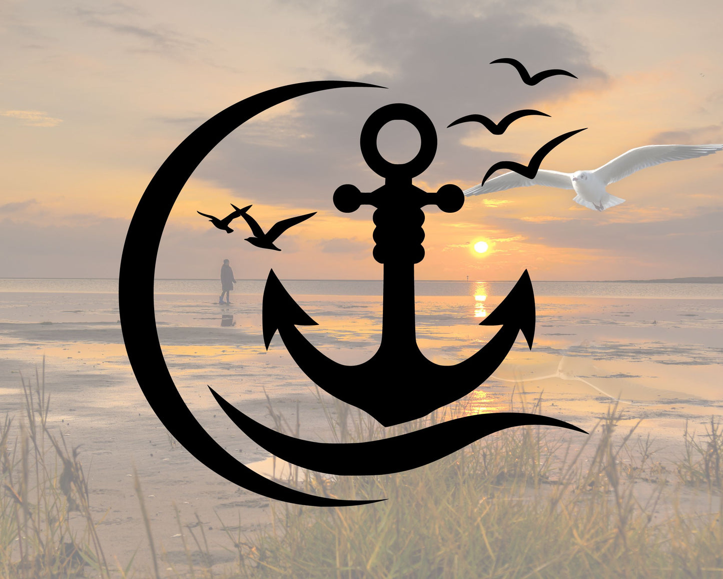 Autocollant nautique en vinyle – ancre, mouettes et vague