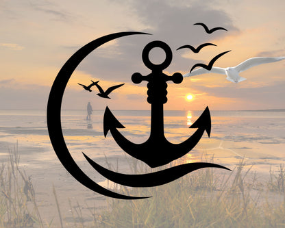 Autocollant nautique en vinyle – ancre, mouettes et vague