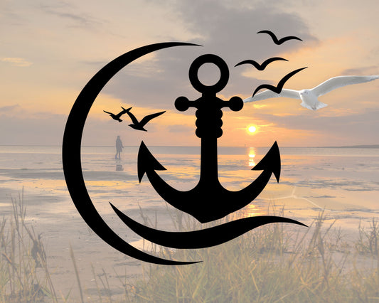 Autocollant nautique en vinyle – ancre, mouettes et vague