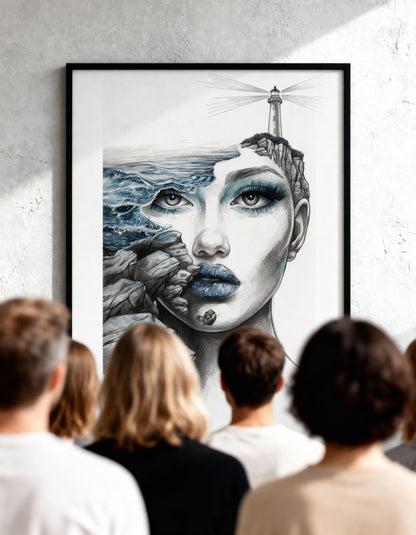 Maritimes Poster – Wellen, Felsen & Leuchtturm