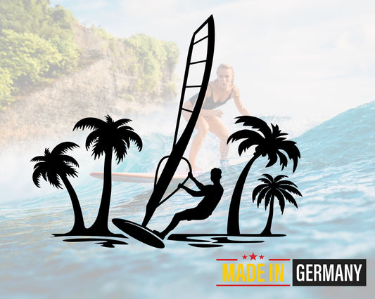 Vinyl Aufkleber mit Windsurfer & Palmen – perfekter tropischer Surf Sticker für Auto, Fenster & Surfbrett
