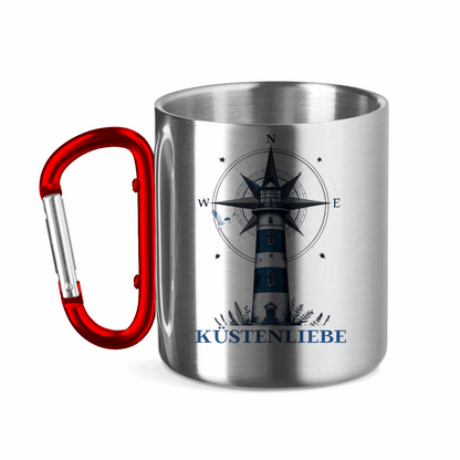 Edelstahltasse mit Karabinergriff Küstenliebe mit Leuchtturm und Kompass