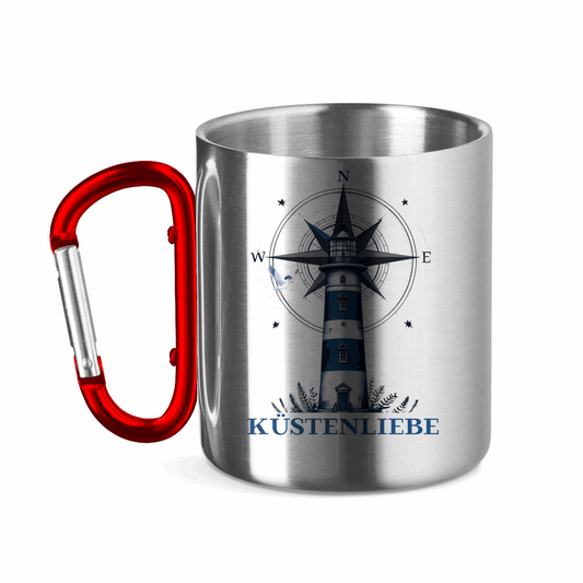 Edelstahltasse mit Karabinergriff Küstenliebe mit Leuchtturm und Kompass