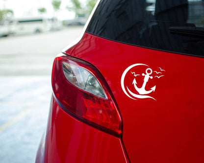 Autocollant nautique en vinyle – ancre, mouettes et vague