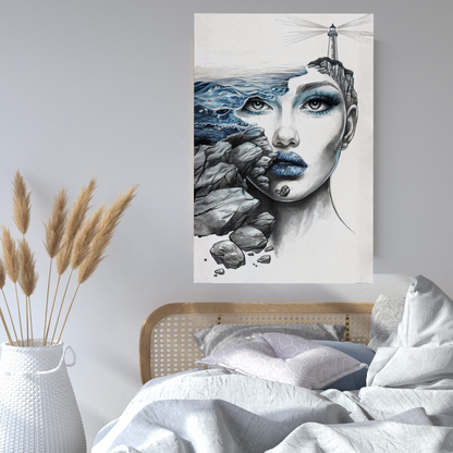 Maritimes Poster – Wellen, Felsen & Leuchtturm