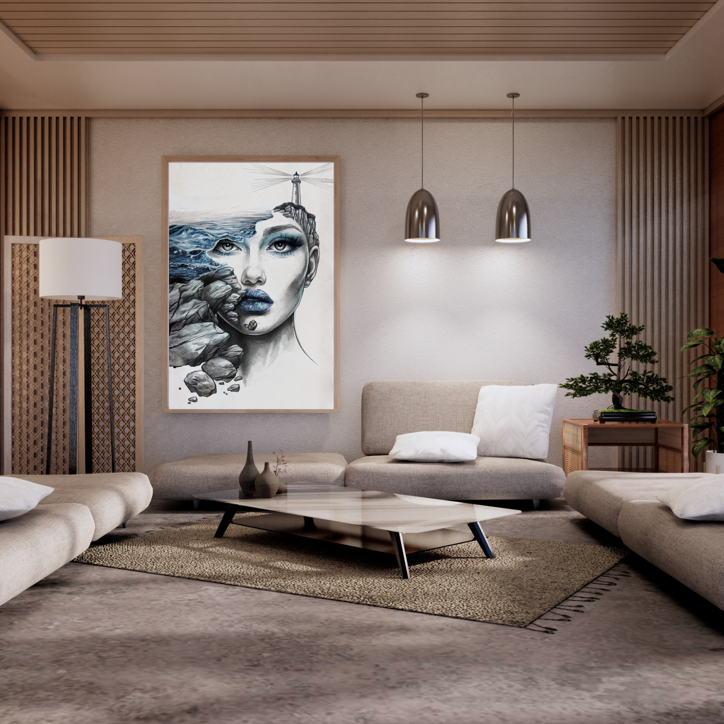 Maritimes Poster – Wellen, Felsen & Leuchtturm