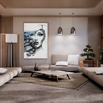 Maritimes Poster – Wellen, Felsen & Leuchtturm