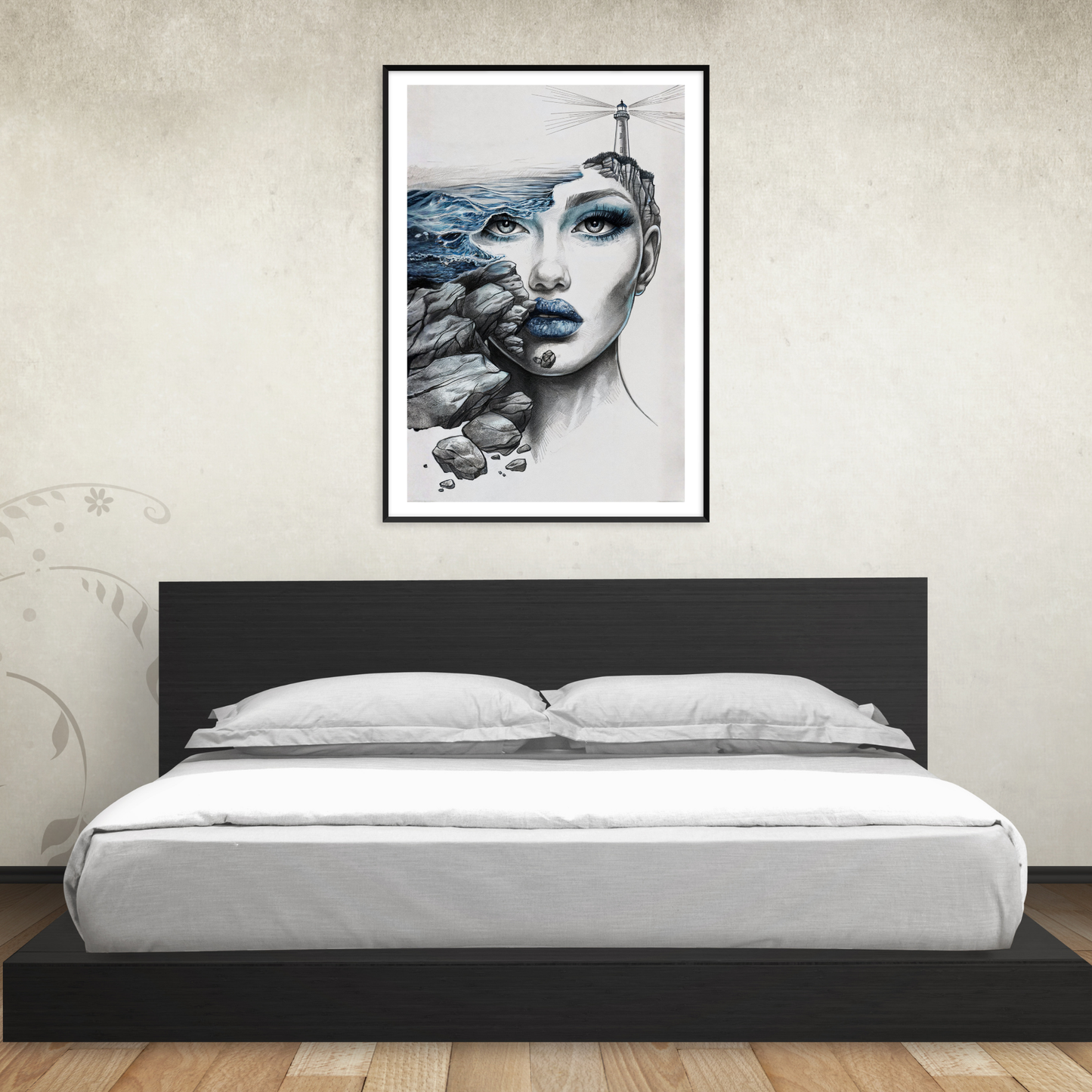 Maritimes Poster – Wellen, Felsen & Leuchtturm