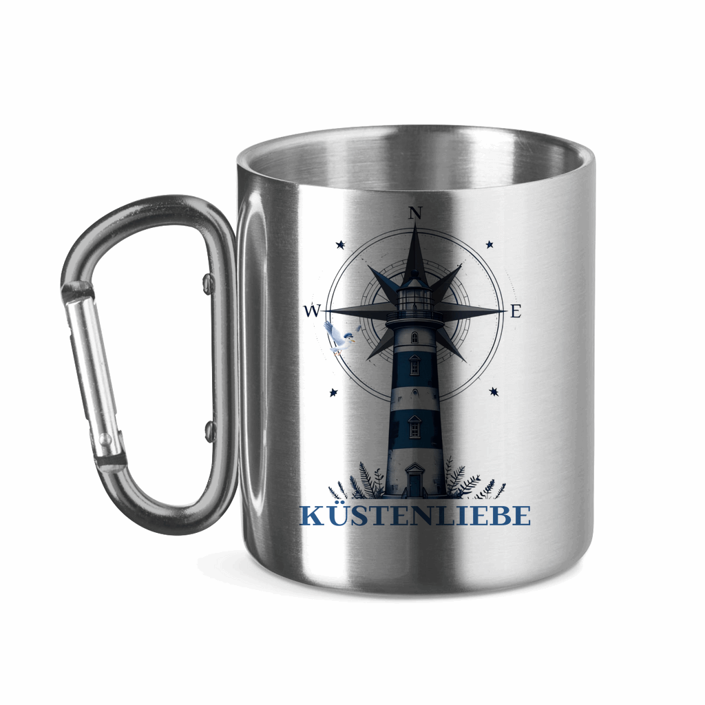 Edelstahltasse mit Karabinergriff Küstenliebe mit Leuchtturm und Kompass