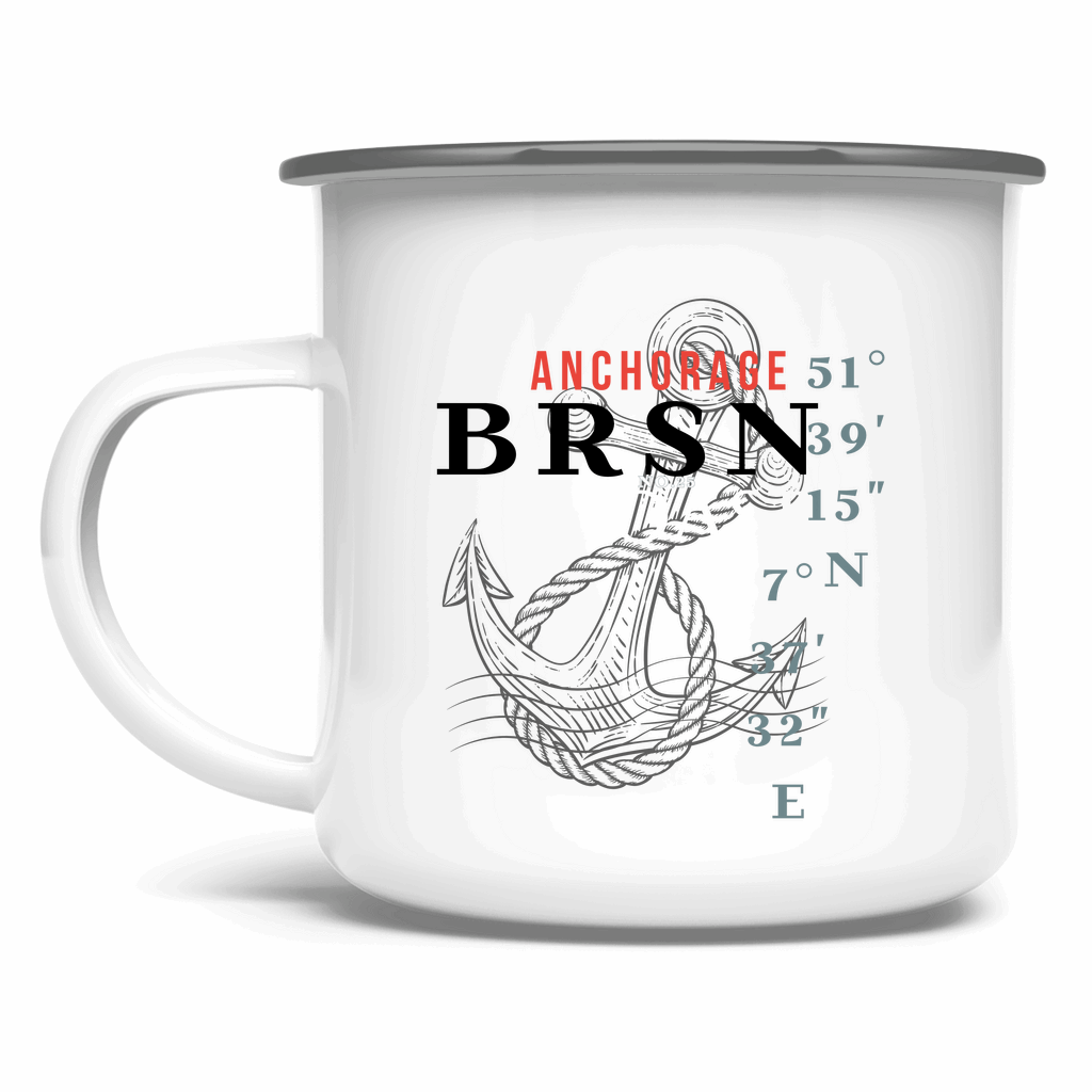 Maritimer Camping-Becher aus Emaille, Anker-Illustration, Outdoor/Vanlife-Stil.