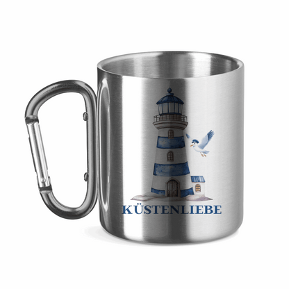 Edelstahltasse mit Karabinergriff Küstenliebe mit Leuchtturm