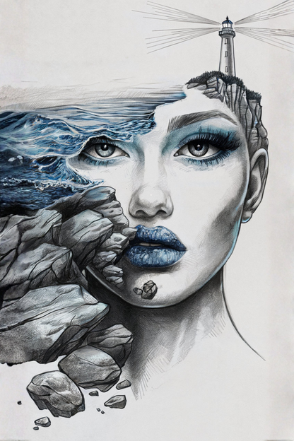 Maritimes Poster – Wellen, Felsen & Leuchtturm