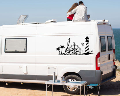 Maritimes Vinyl Aufkleber Set – Leuchtturm, Kompass & Windsurfer