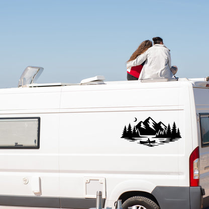 Plotterdatei Outdoor Panorama | Wald, Berge, See & Mond Silhouette | SVG DXF für Camper | Gewerbliche Lizenz
