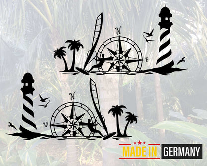 Maritimes Vinyl Aufkleber Set – Leuchtturm, Kompass & Windsurfer