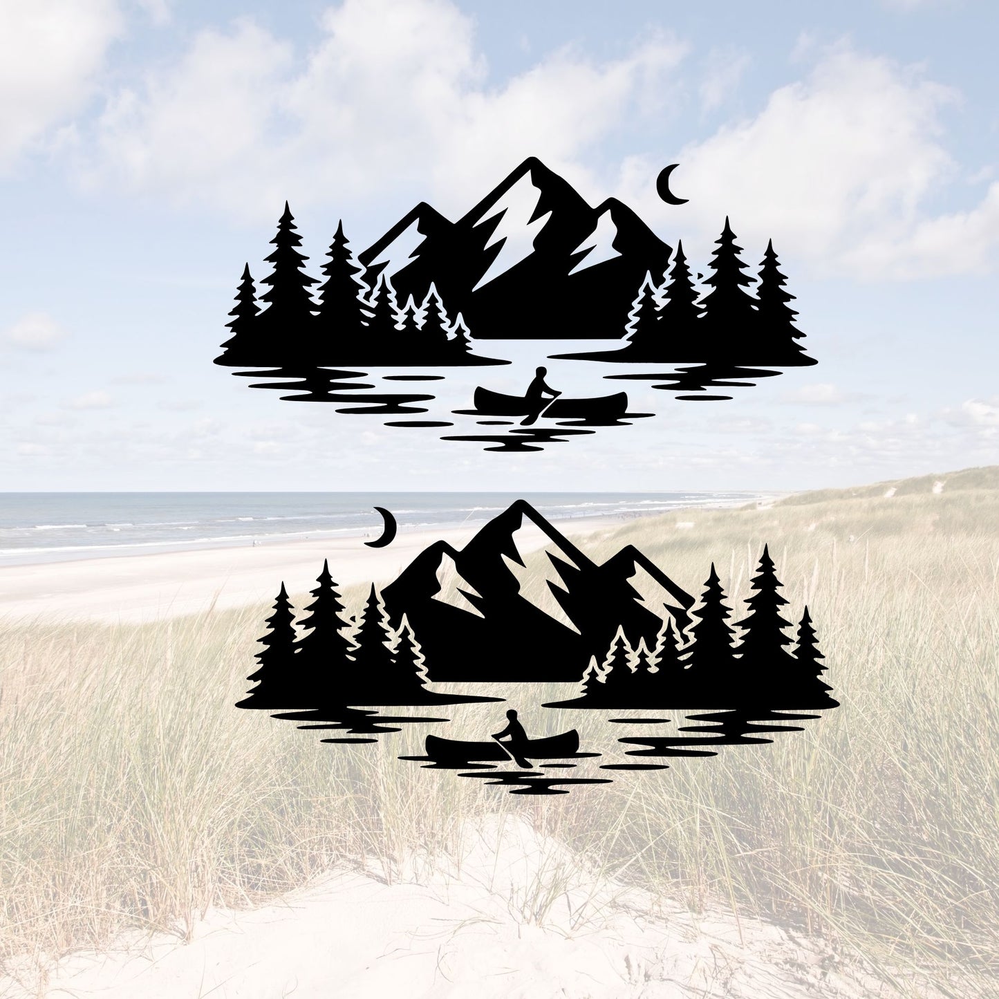 Plotterdatei Outdoor Panorama | Wald, Berge, See & Mond Silhouette | SVG DXF für Camper | Gewerbliche Lizenz