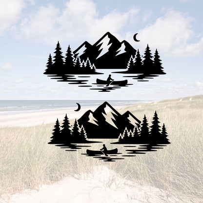 Plotterdatei Outdoor Panorama | Wald, Berge, See & Mond Silhouette | SVG DXF für Camper | Gewerbliche Lizenz