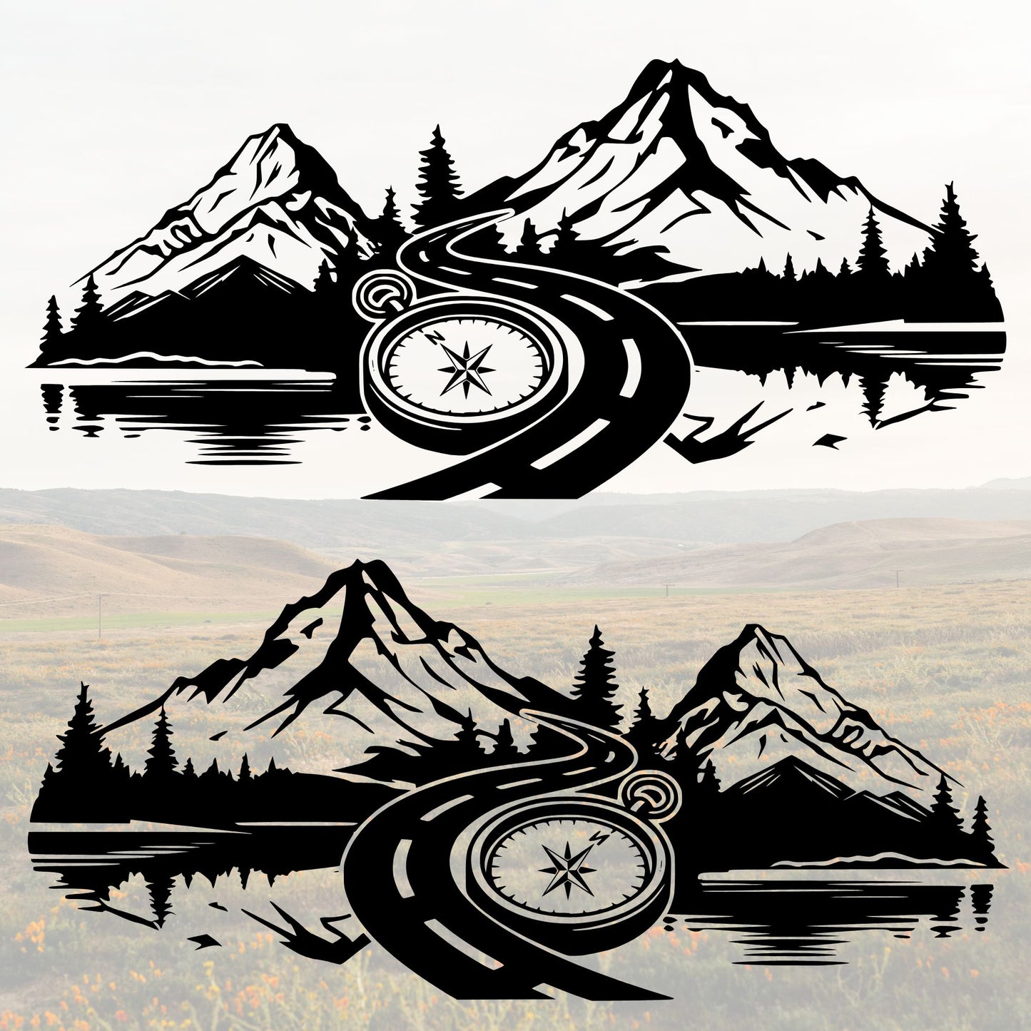 Plotterdatei Kompass Berge Straße Offroad SVG | DXF | PNG – Camper Vanlife Design