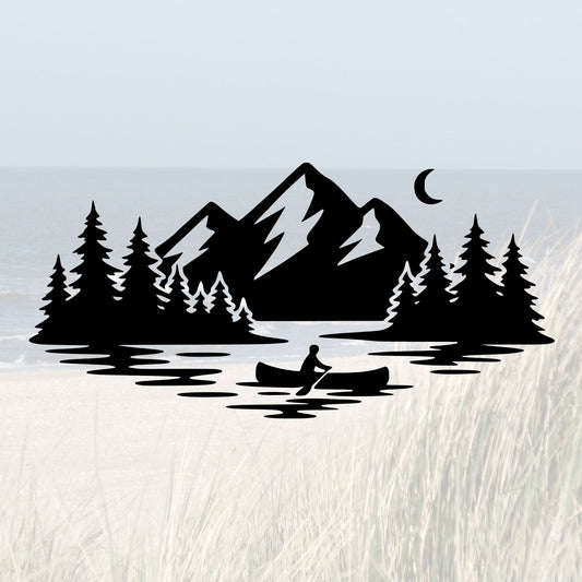 Plotterdatei Outdoor Panorama | Wald, Berge, See & Mond Silhouette | SVG DXF für Camper | Gewerbliche Lizenz