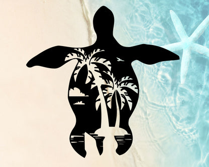 Vinyl Aufkleber mit Schildkröte und Palmen – tropischer Sommer Sticker für Auto, Fenster & Laptop