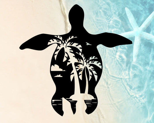 Vinyl Aufkleber mit Schildkröte und Palmen – tropischer Sommer Sticker für Auto, Fenster & Laptop