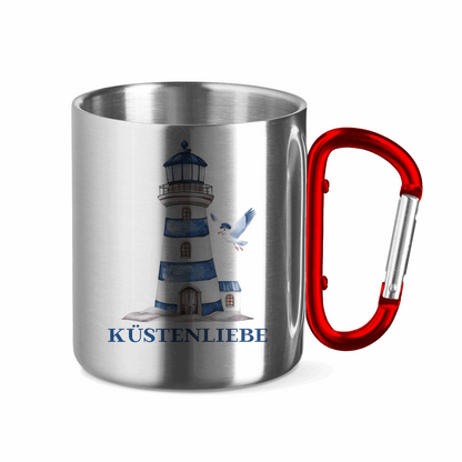 Edelstahltasse mit Karabinergriff Küstenliebe mit Leuchtturm